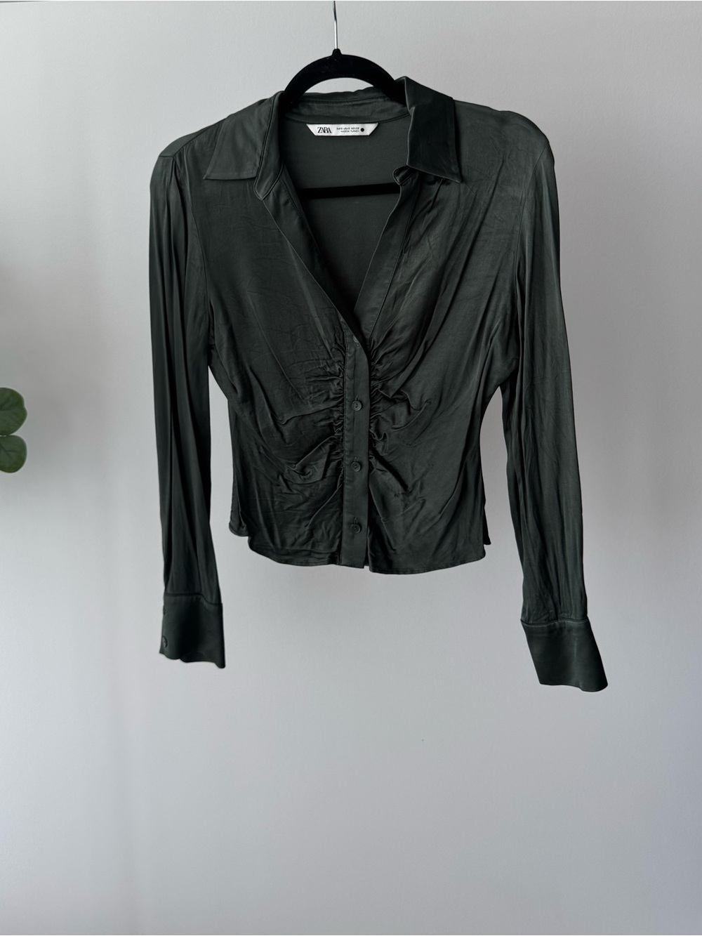 Zara Dark Green Satin-Look Ruched Button Blouse